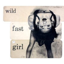 Heidi Pitre charcoal drawing of a girl hanging upside down on vintage ephemera school flash cards.