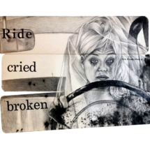 Heidi Pitre charcoal drawing of a bride driving on vintage ephemera school flash cards. ride cried broken