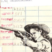 Heidi Pitre illustration of Annie Oakley on a vintage library card