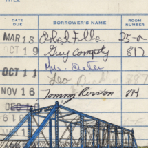 Heidi Pitre illustrates the magnolia bridge on bayou St. John in new orleans in pen and ink and watercolor on vintage library card gifts for librarians, New Orleans and book lovers