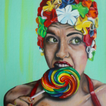 Heidi Pitre oil painting on canvas of a woman wearing a floral rubber swim cap eating a colorful sucker with a green background