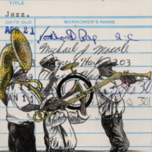 Heidi Pitre illustrates New Orleans second line band in pen and ink and watercolor on vintage library card gifts for librarians, New Orleans and book lovers