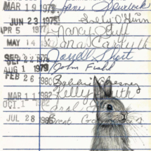 Heidi Pitre illustration of a bunny on a for whom the bell tolls hemmingway vintage library card.