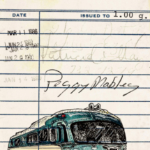 Heidi Pitre illustrates a vintage bus on the wayward bus by John Steinbeck on vintage library card