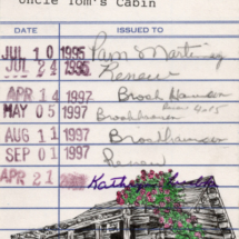 Heidi Pitre illustration of Uncle Tom's Cabin by Harriet b Stowe on vintage library card.