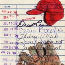 Heidi pitre watercolor illustration of holden Caulfield's red cap and baseball glove from Salinger's the catcher in the rye on vintage library card ephemera. gifts for librarians and book lovers.