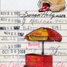 Heidi Pitre illustrates lucky dog hotdog stand and jelly donut from Toole's confederacy of dunces in New Orleans on vintage library card.