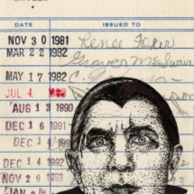 Heidi Pitre illustrates bela lugousi Dracula on stoker's library card in pen and ink.