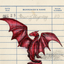 Heidi Pitre illustrates a baby red dragon and egg on vintage library card in watercolor