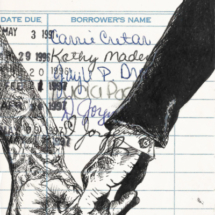 Heidi Pitre illustrates Jane Austen's Emma in pen and ink on vintage library card.