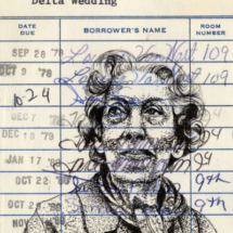 Heidi Pitre pen and ink drawing of Eudora Welty on vintage library card of delta wedding. gifts for book lovers and librarians.