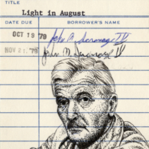 Heidi Pitre illustrates William Faulkner on vintage library card for Mississippi literature. southern lit