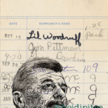 Heidi Pitre illustrates William Faulkner on vintage library card for Mississippi literature. southern lit