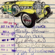 Heidi Pitre illustrates a yellow Bentley from Fitzgerald's the great Gatsby on vintage library borrower card for librarians and book lovers.