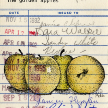 Heidi Pitre illustration of golden apples by Eudora Welty on vintage library card
