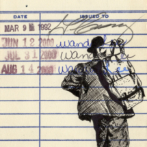 Heidi Pitre illustrates hobo in pen and ink walking in John Steinbeck's the grapes of wrath on vintage library card