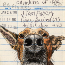 Heidi Pitre illustrates dog hank on the original adventures of hank the cow dog on vintage library card gifts for book lovers and librarians. pen and ink and watercolor