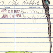 Heidi Pitre illustrates Tolkien's the hobbit staff and house in the shire on vintage library card gifts for librarian and book lovers