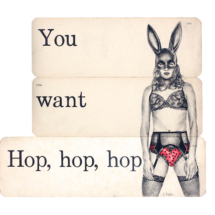 Heidi Pitre charcoal drawing of pin up girl wearing bunny mask asking if you want hop hop hop on vintage ephemera school flash cards. dick and Jane cards