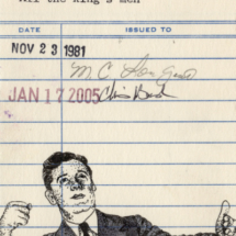 Heidi Pitre illustrates in pen and ink Huey p long on vintage library card for all the kings men by Robert warren Penn on vintage library card gifts for librarians and book lovers