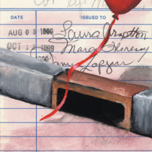 Heidi Pitre watercolor illustration of a red balloon and yellow rain cap on Stephen king's vintage library card of it. gifts for book lovers and librarians.