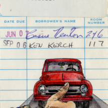 Heidi Pitre watercolor art of a red truck on jack keroac's on the road on vintage library card. gifts for librarians and book lovers.