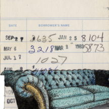 Heidi Pitre watercolor illustration of Kafka's metamorphosis of a teal sofa with a bug on vintage library card. gifts for librarians and book lovers.