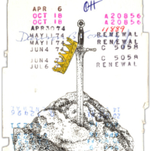 Heidi Pitre drawing in pen and ink of a crown and a sword and a stone for Moorman's book of King Arthur on vintage library card. gifts for book lovers and librarians.