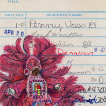 Heidi Pitre illustrates New Orleans Mardi Gras Indians in pen and ink and watercolor on vintage library card gifts for librarians, New Orleans and book lovers