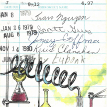 Heidi Pitre's illustration of a lab in watercolor on dr jackyl and mr Hyde's library card. gift for book lovers and librarians