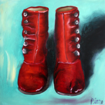 Heidi Pitre oil painting on panel of small red boots with white buttons on an aqua background