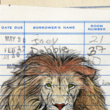 Heidi Pitre watercolor of Aslan from the lion the witch and the wardrobe by c s lewis on vintage library card. gifts for book lovers and librarians.