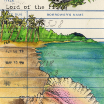 Heidi Pitre lord of the flies watercolor art of a plane and conch on vintage library card. gifts for librarians and book lovers