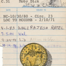 Heidi Pitre illustrates gold coin and whale tale in Moby dick on vintage library card. gift for librarians and book lovers