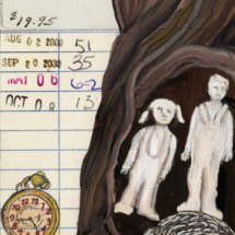 Heidi Pitre illustration of item in a tree from Harper Lee's to kill a mockingbird on vintage ephemera library borrower card. stop watch, soap dolls, ball of twine