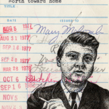 Heidi Pitre willie morris pen and ink drawing on vintage library card. gifts for book lovers and librarians