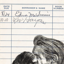 Heidi Pitre pen and ink illustration of Johnny cash and June Carter cash on vintage library card