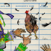 Heidi Pitre illustration of cajun mardi gras with chicken on a vintage library card.