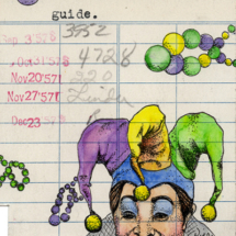 Heidi Pitre illustrates New Orleans mardi gras float jester float and beads on vintage library card for librarians and book lovers