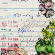 Heidi Pitre illustrates gumbo in pen and ink and watercolor on vintage library card gifts for librarians, New Orleans and book lovers