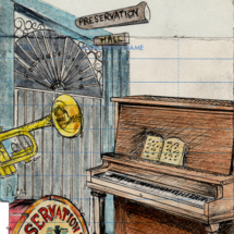 Heidi Pitre illustrates a piano and horn of preservation hall in New Orleans in pen and ink and watercolor on vintage library card gifts for librarians, New Orleans and book lovers
