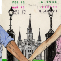 Heidi Pitre illustrates the saint louis cathedral in pen and ink and watercolor on vintage library card gifts for librarians, New Orleans and book lovers