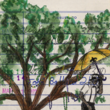 Heidi Pitre illustrates Mardi Gras beads in tree in pen and ink and watercolor on vintage library card gifts for librarians, New Orleans and book lovers