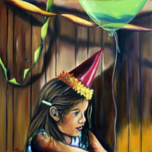 Heidi Pitre oil painting of a young girl wearing a birthday party hat with a green balloon and streamers in front of paneling