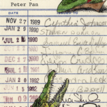 Heidi Pitre watercolor of an alligator, clock and cap of James barrie's Peter Pan on vintage library card. gifts for book lovers and librarians
