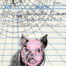 Heidi Pitre illustrates Wilbur the pig from e b white's charlottes's web on vintage library card.