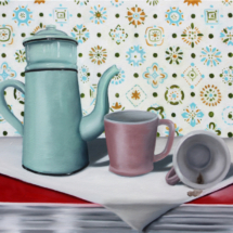 Heidi Pitre oil painting of an green enamel coffee pot and two fire king mugs on a red formica table in front of vintage wallpaper