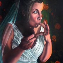 heid pitre oil painting on panel of a bride hiding in a corner eating a rib licking her fingers wearing a wedding gown