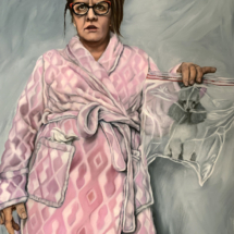 Heidi Pitre oil painting on panel of a girl with glasses in a pink robe holding a gray poodle with a gray background