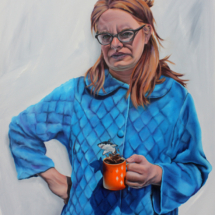 Heidi Pitre oil painting of a girl with red hair wearing a blue robe holding an orange cup with a shark jumping out of it on a gray background